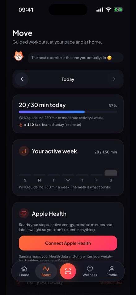 The Sport screen: today’s workout and minutes this week