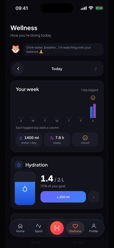 The Wellness screen: week, hydration, sleep, mood