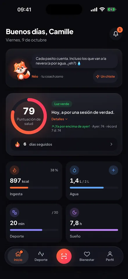 Pantalla de inicio de Sanoria: nota del día, coach y racha