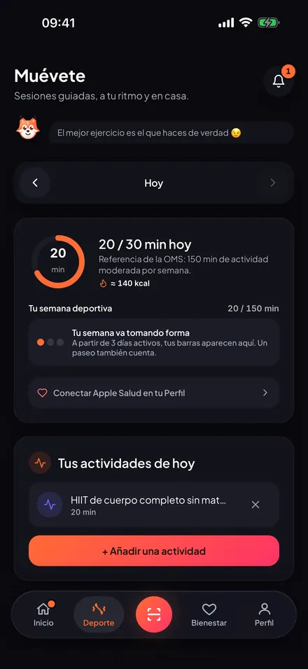 La pantalla Deporte: sesión del día y minutos de la semana