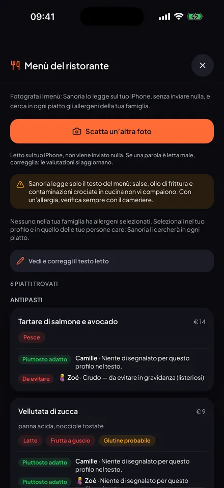 Schermata: Menù del ristorante