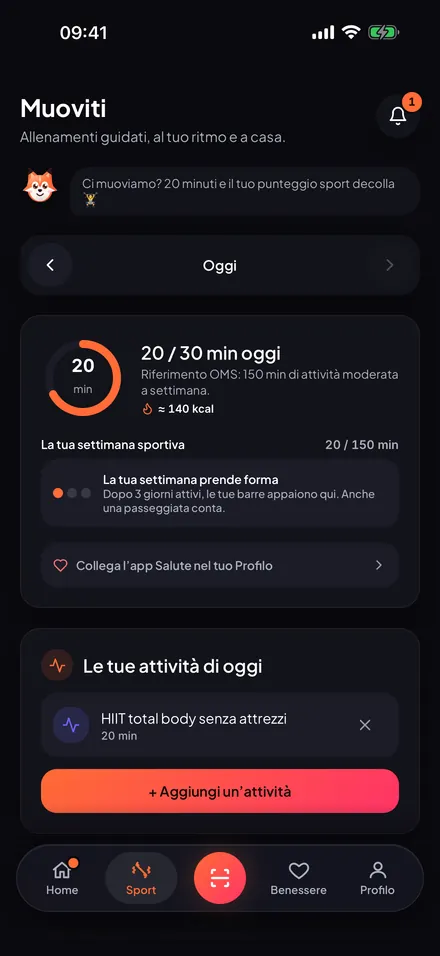La schermata Sport: allenamento del giorno e minuti della settimana