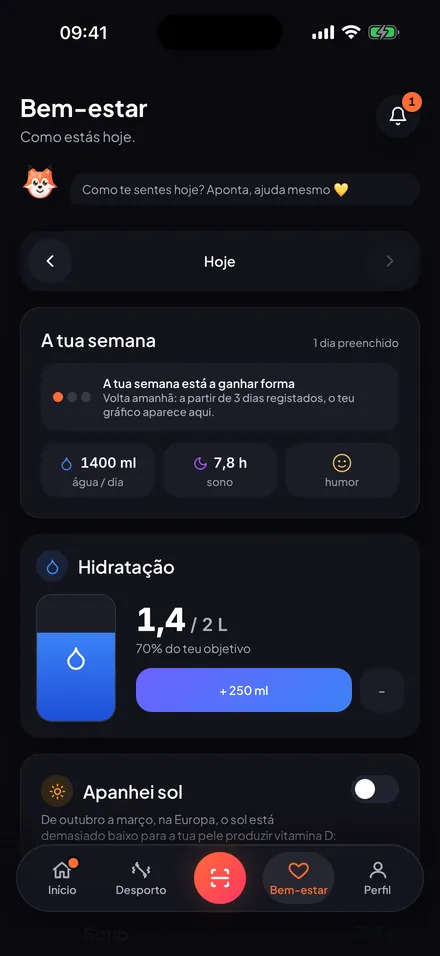 O ecrã Bem-estar: semana, hidratação, sono, humor