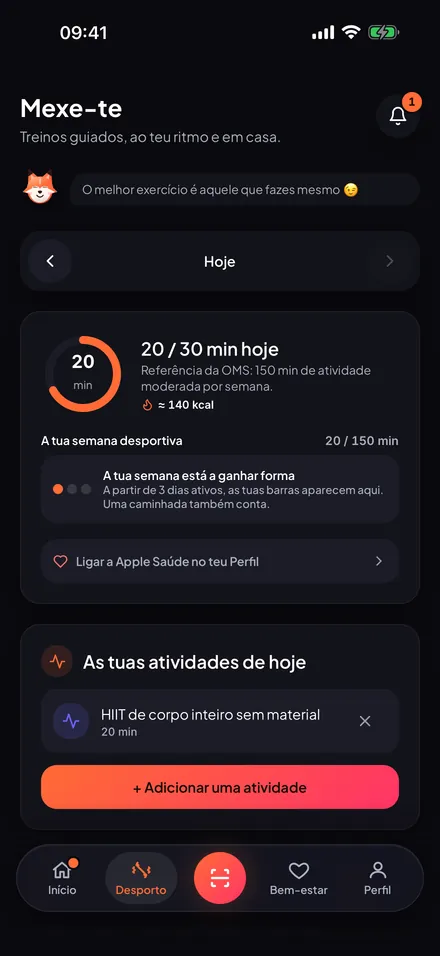 O ecrã Desporto: treino do dia e minutos da semana